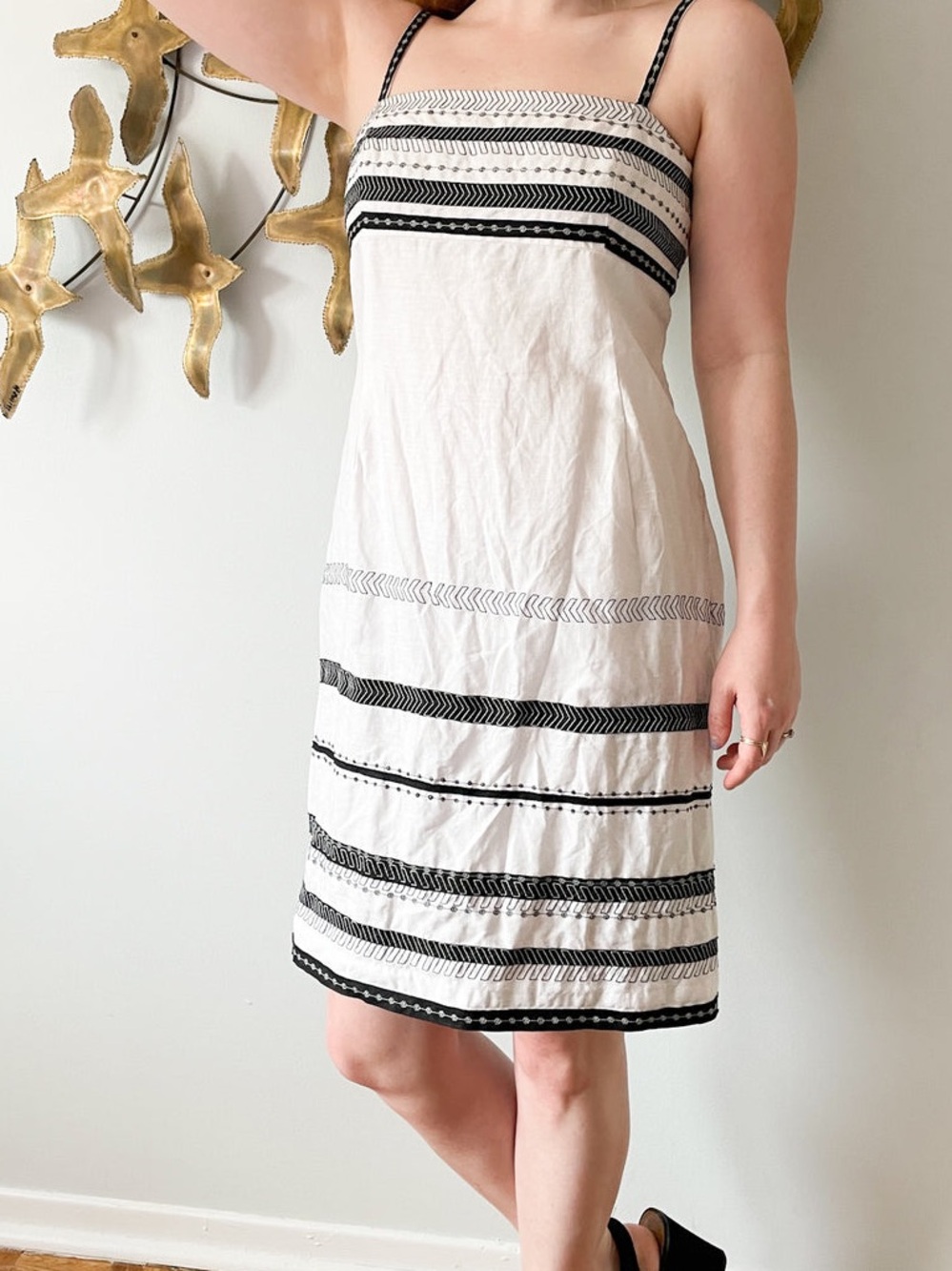 Jones New York White Linen Black Ribbon Spaghetti Strap Sheath Dress Size 14P